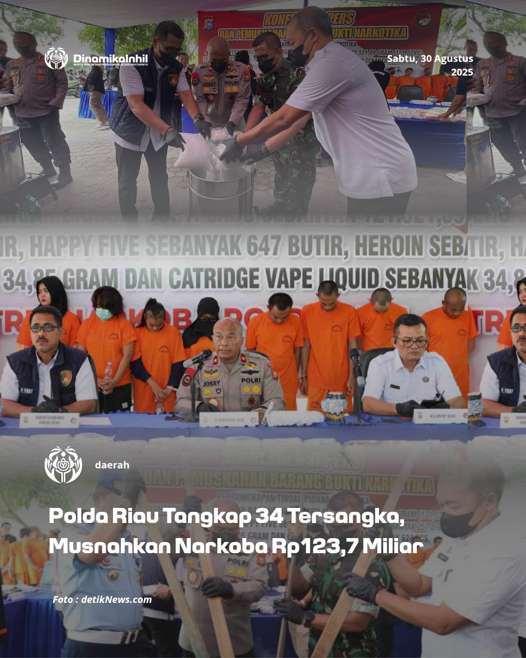 Polda Riau Tangkap 34 Tersangka, Musnahkan Narkoba Rp123,7 Miliar